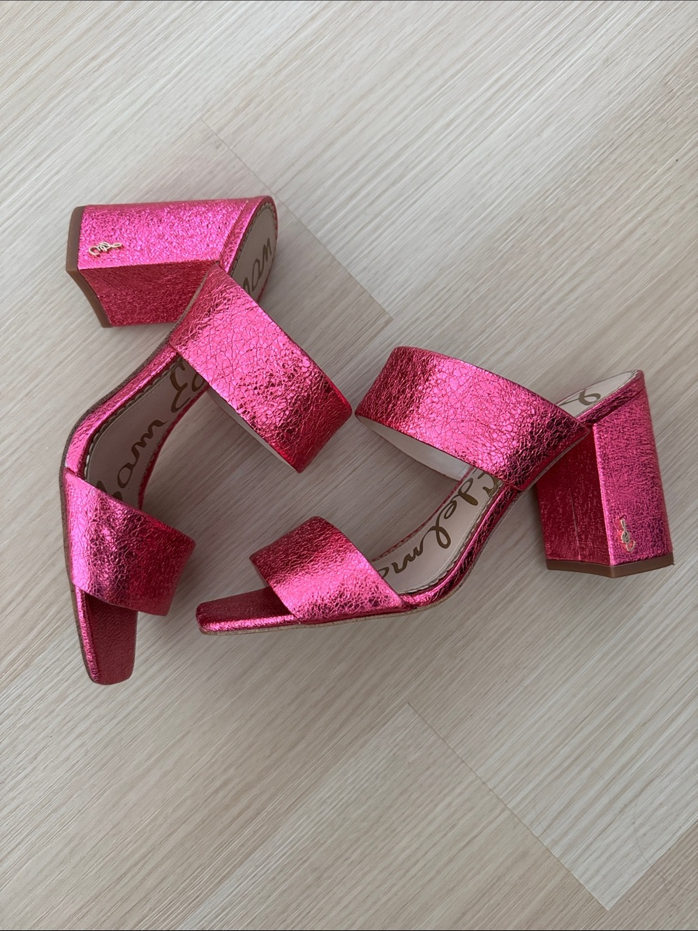 Sam Edelman Metallic Hot Pink Double-Band Slide Mules - Picture 2 of 5